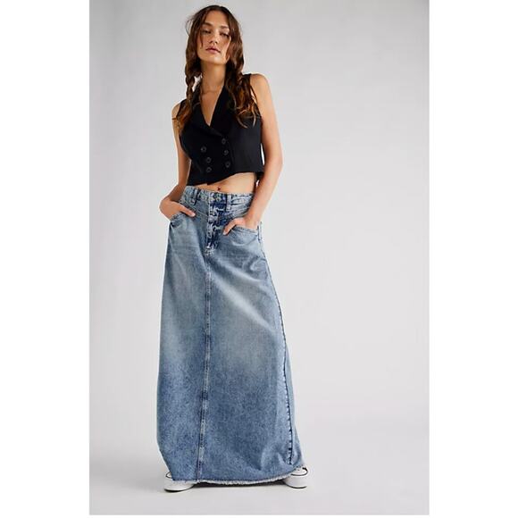 Free People Come As You Are Denim Maxi Skirt 6 NEW